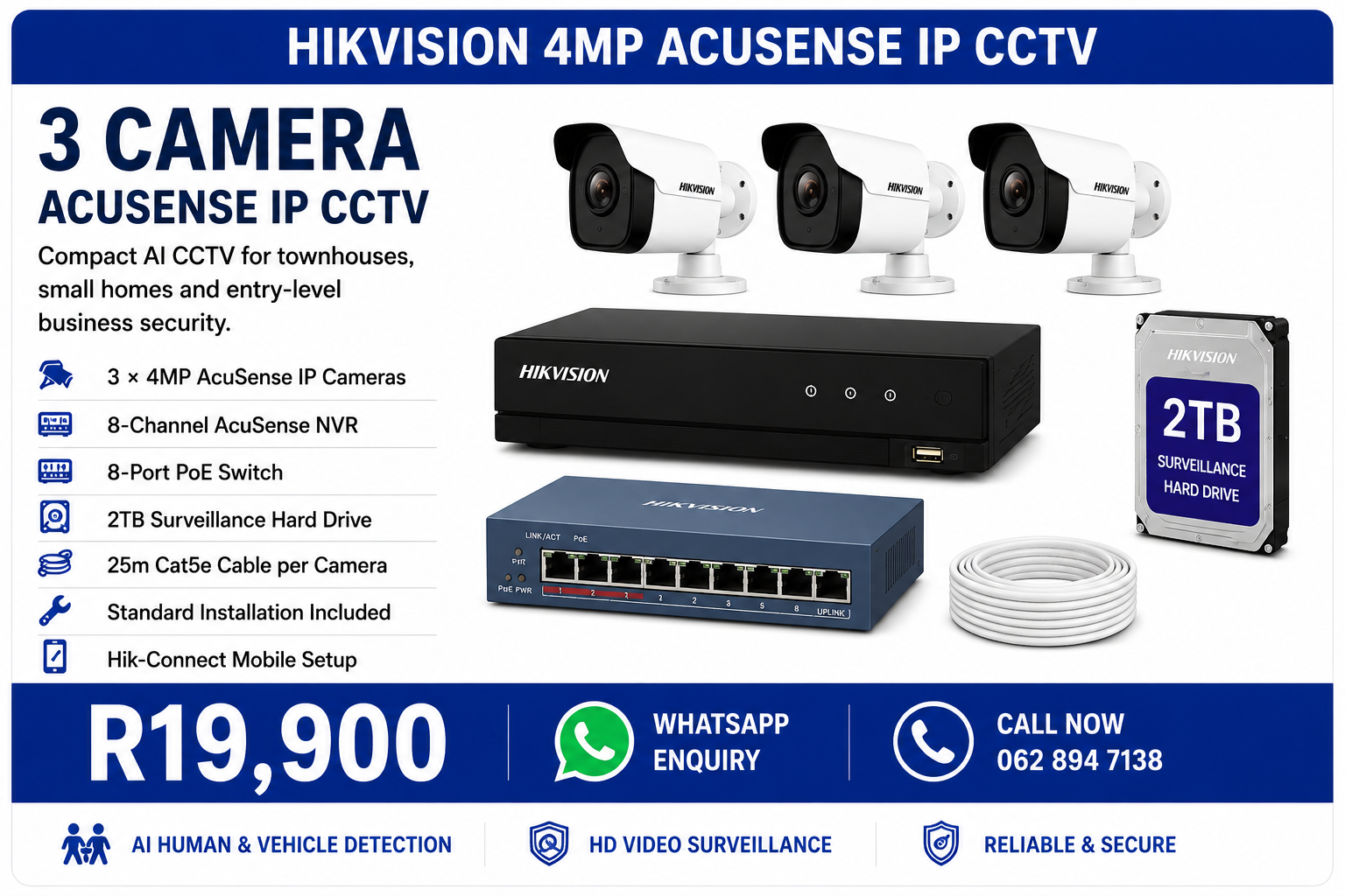 3 Camera Hikvision 4MP AcuSense IP CCTV Installation Pretoria - R19,900 fully installed