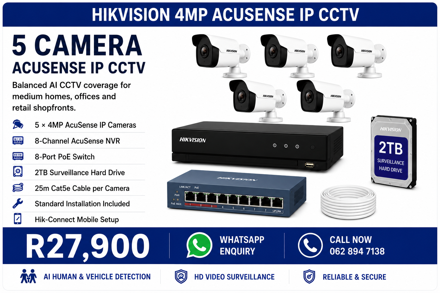 5 Camera Hikvision 4MP AcuSense IP CCTV Installation Pretoria - R27,900 fully installed