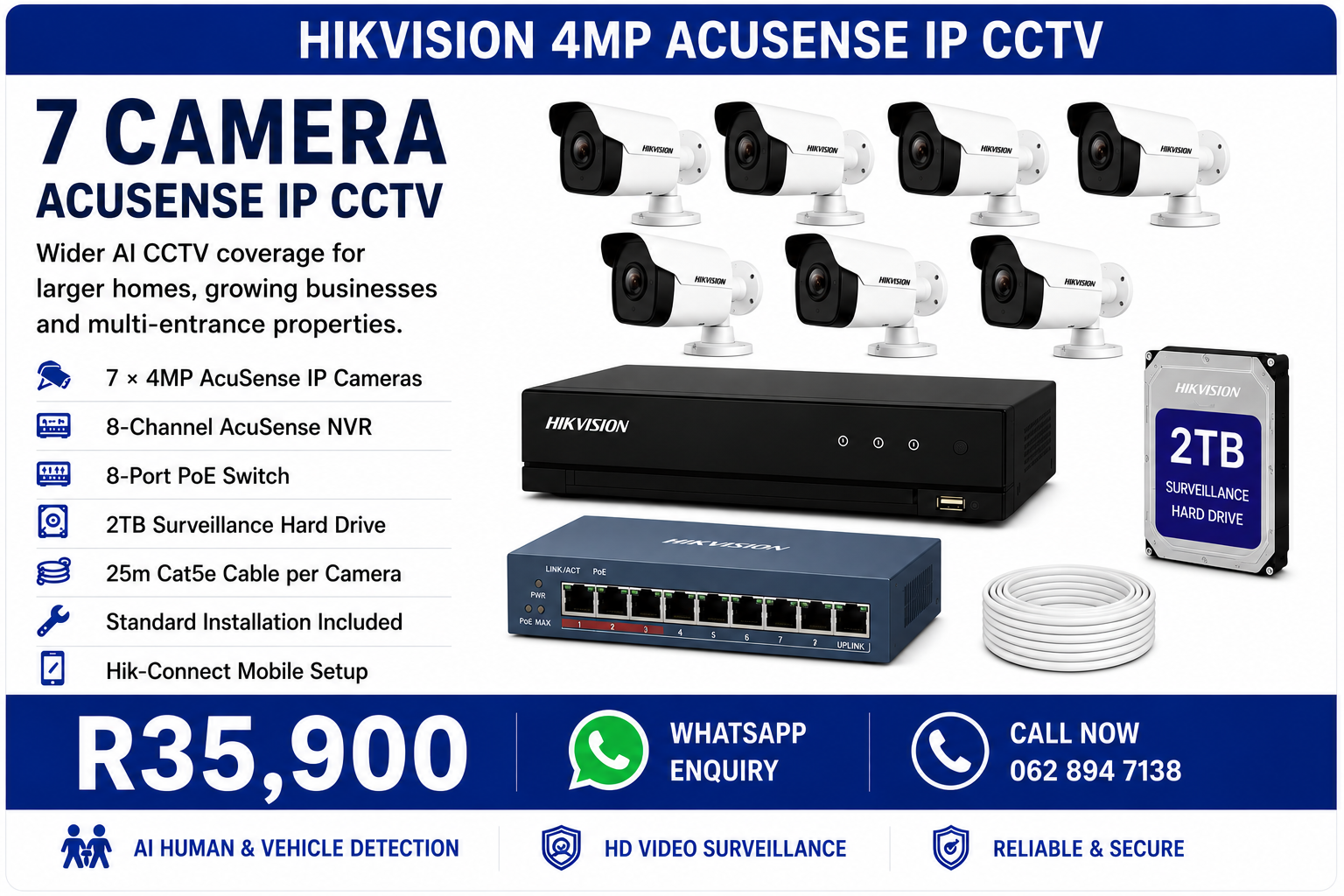 7 Camera Hikvision 4MP AcuSense IP CCTV Installation Pretoria - R35,900 fully installed