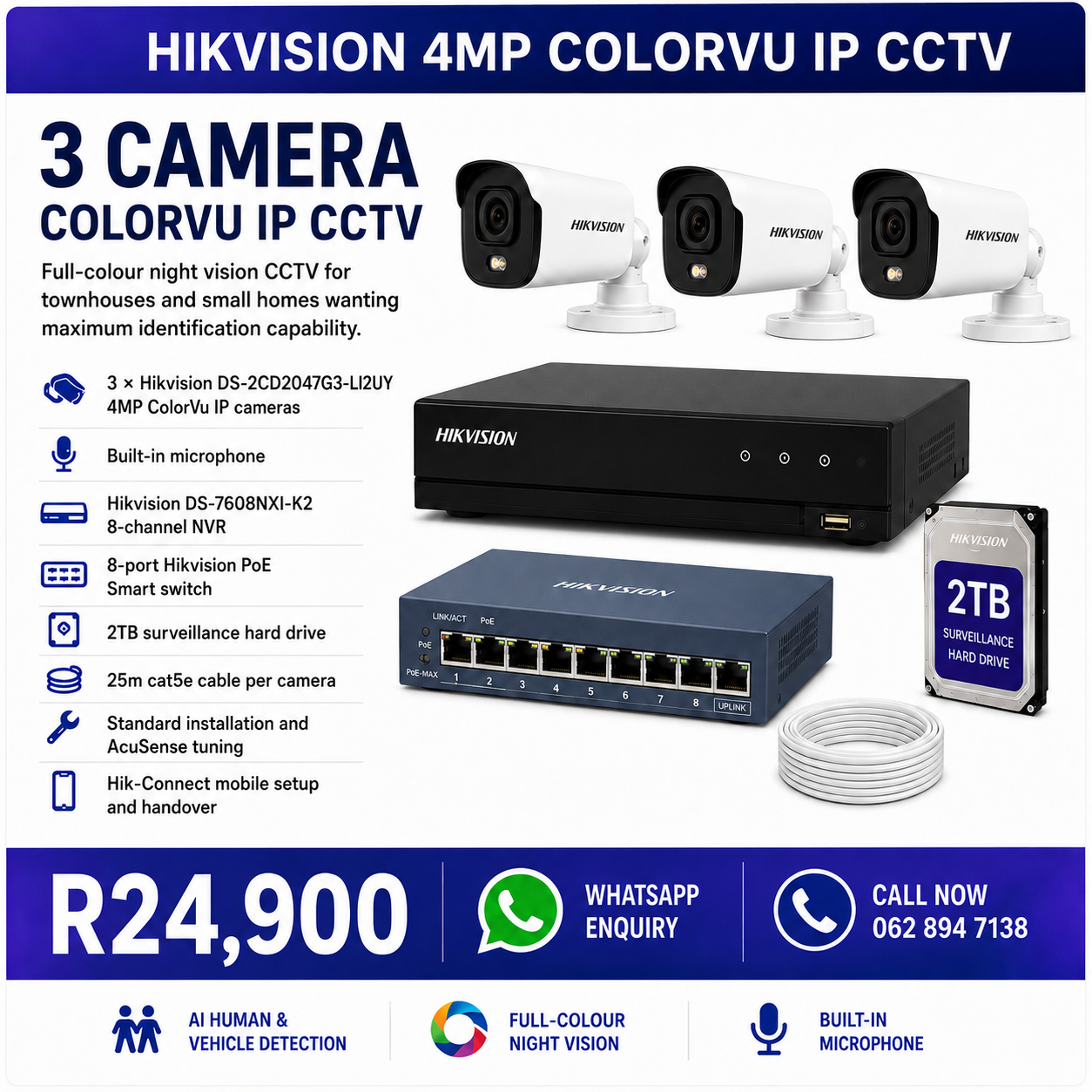 CCTV installation Centurion - Hikvision ColorVu AI 3 camera full-colour night vision package R24,900 fully installed