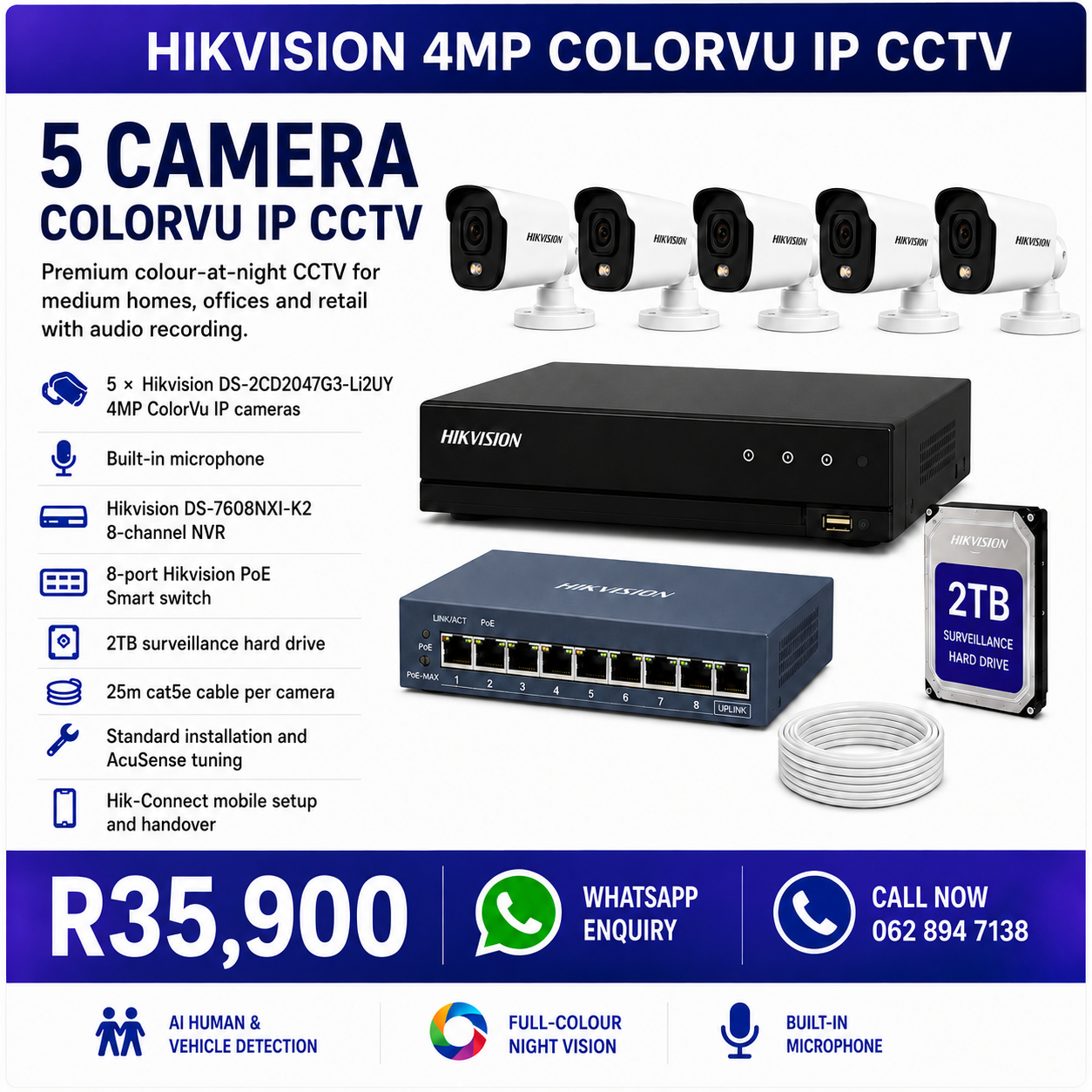 5 Camera Hikvision 4MP ColorVu IP CCTV Installation - R35,900 fully installed in Pretoria