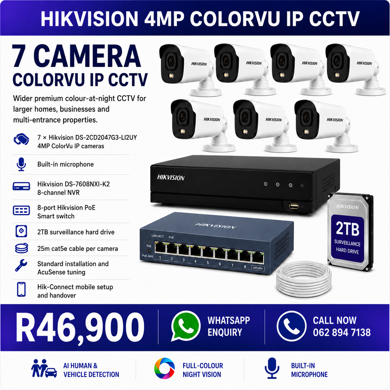 ColorVu CCTV Installation Pretoria - 7 Camera Hikvision 4MP Full-Colour Night Vision Package R46,900 fully installed