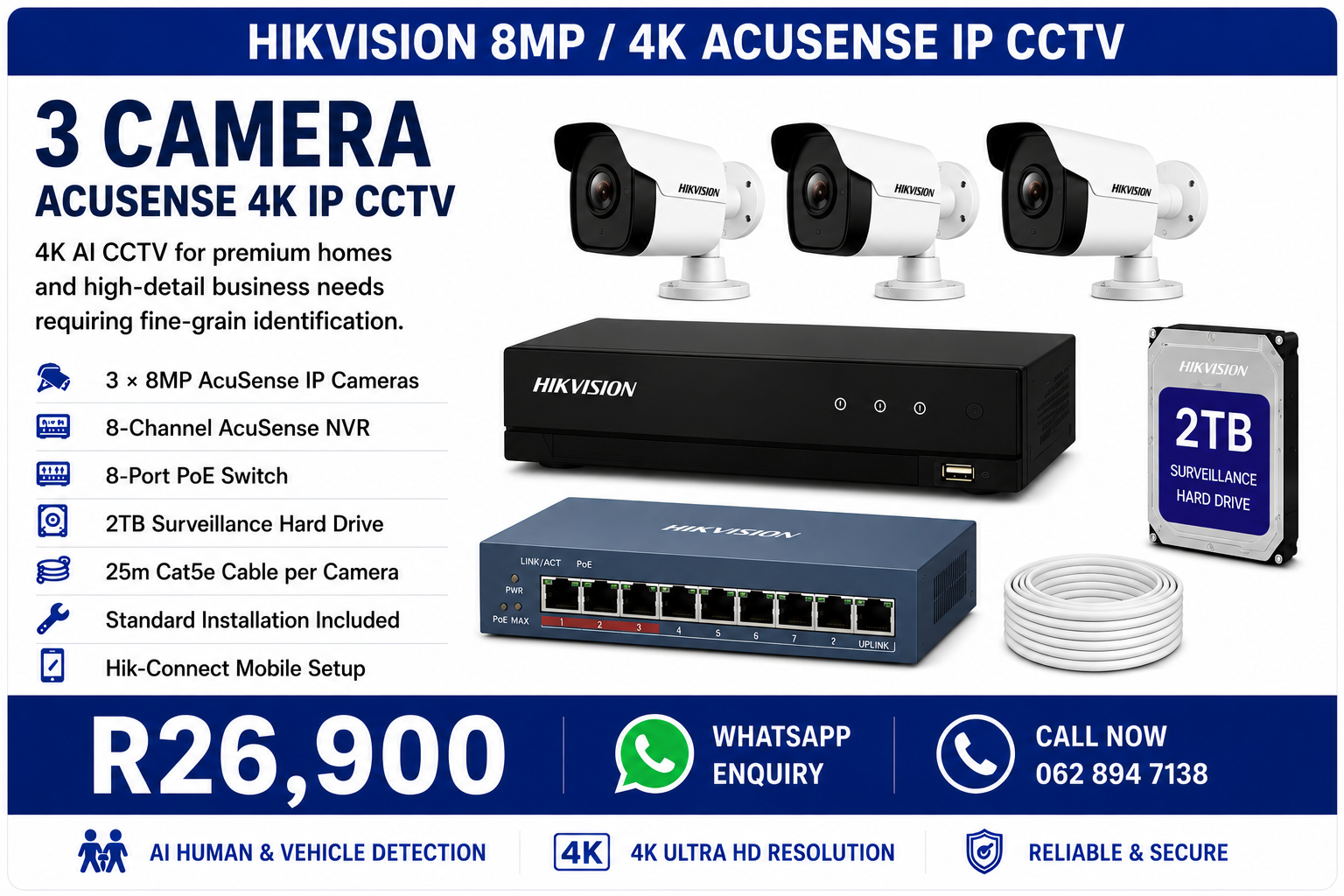 3 Camera Hikvision 8MP 4K AcuSense IP CCTV Installation Pretoria - R26,900 fully installed