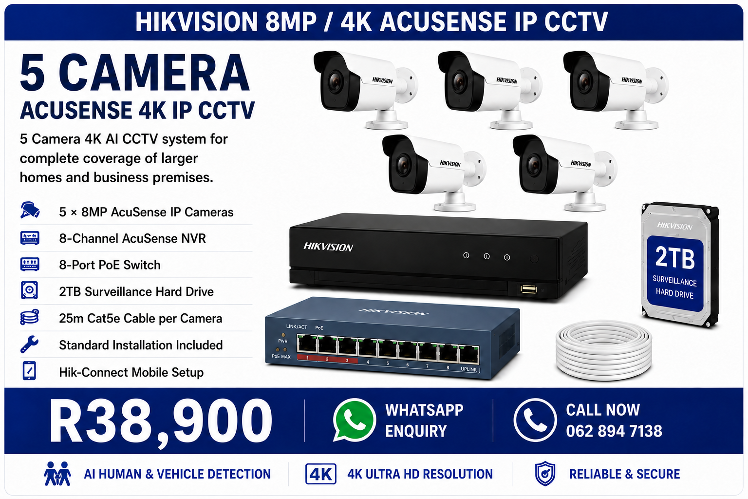 AcuSense CCTV Installation Pretoria - 5 Camera Hikvision 8MP 4K AI Package R38,900 fully installed