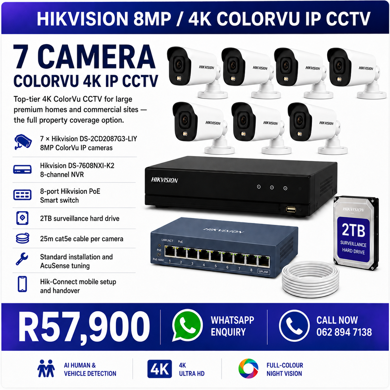 7 Camera Hikvision 8MP 4K ColorVu IP CCTV Installation - R57,900 fully installed in Pretoria
