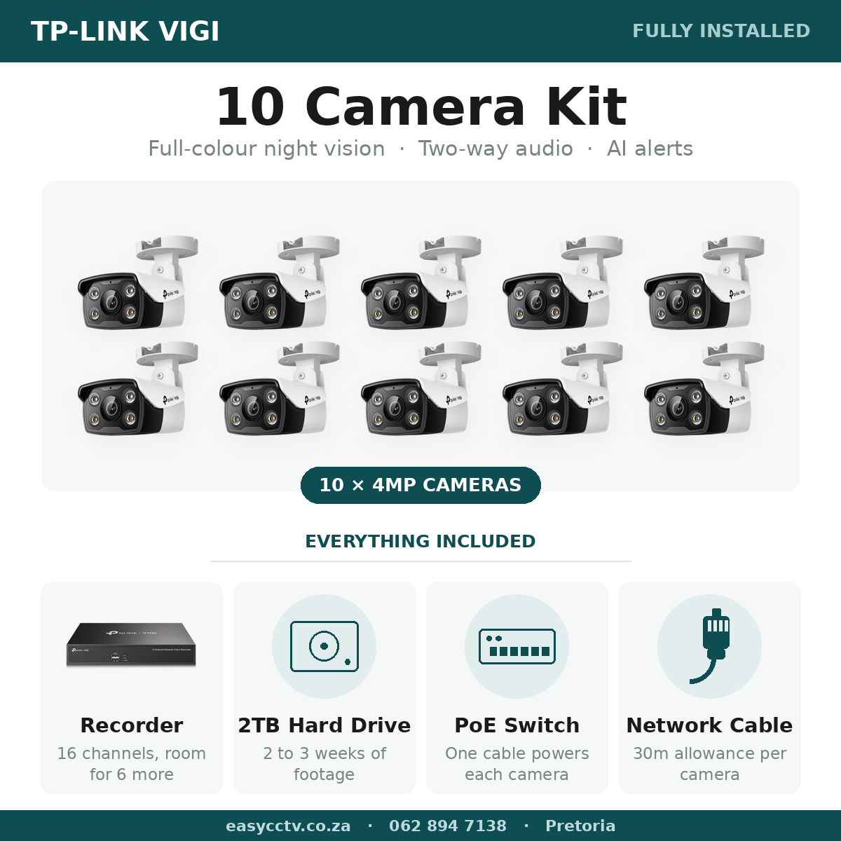 TP-Link CCTV installation Pretoria - 10 camera VIGI 4MP full-colour IP package with C340 cameras and a 16-channel VIGI recorder, R34,900 fully installed