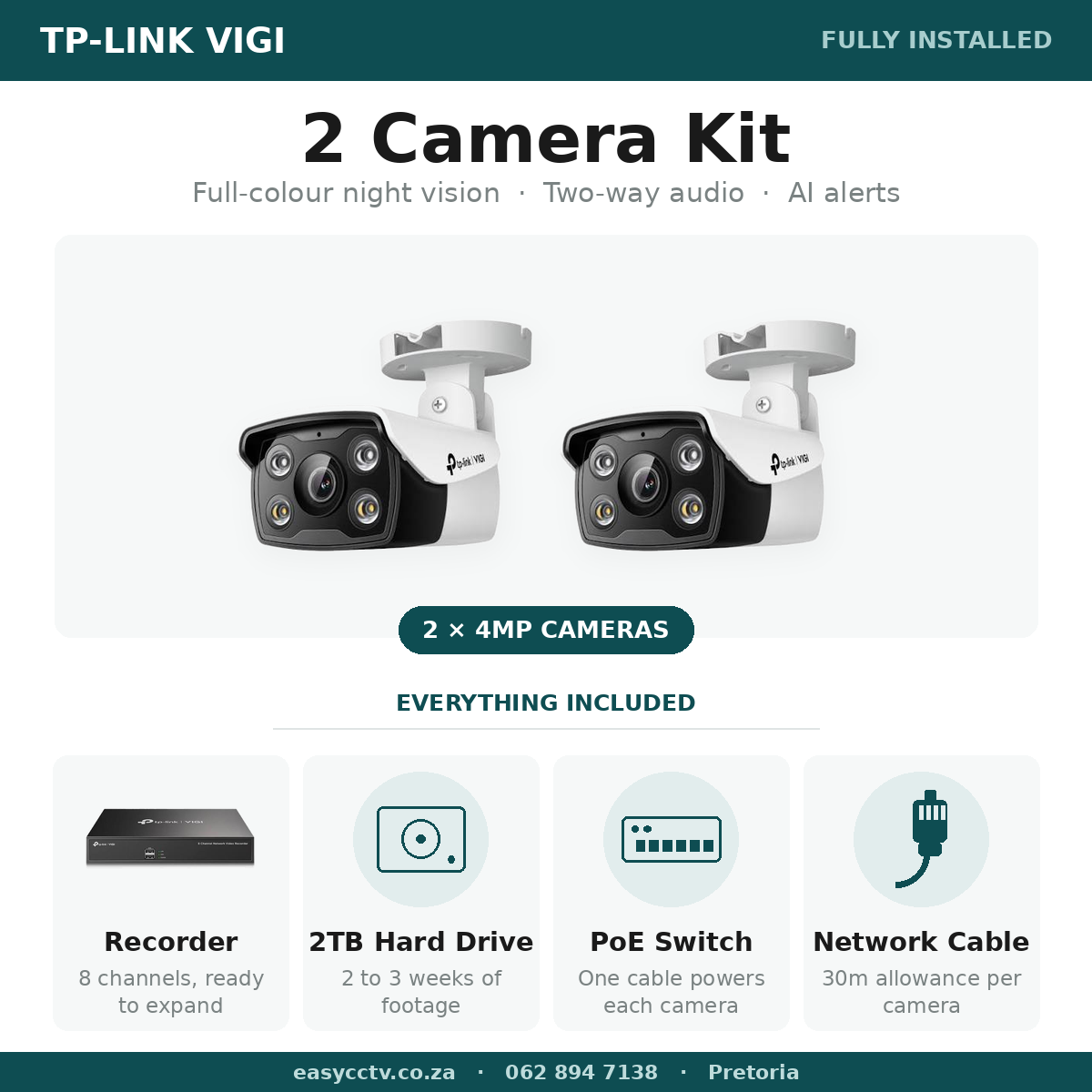 TP-Link CCTV installation Pretoria - 2 camera VIGI 4MP full-colour IP package with C340 cameras and NVR1008H recorder, R10,900 fully installed