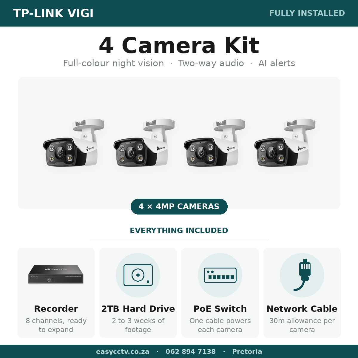 CCTV installation Pretoria - TP-Link VIGI 4 camera 4MP AI package R15,900 fully installed