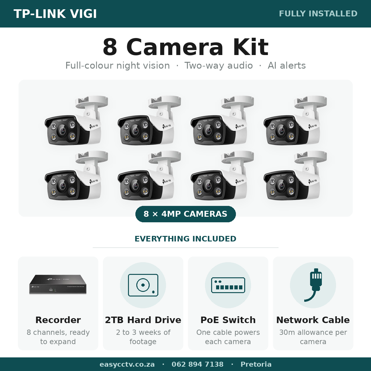 TP-Link CCTV installation Pretoria - 8 camera VIGI 4MP full-colour IP package with C340 cameras and NVR1008H recorder, R26,900 fully installed